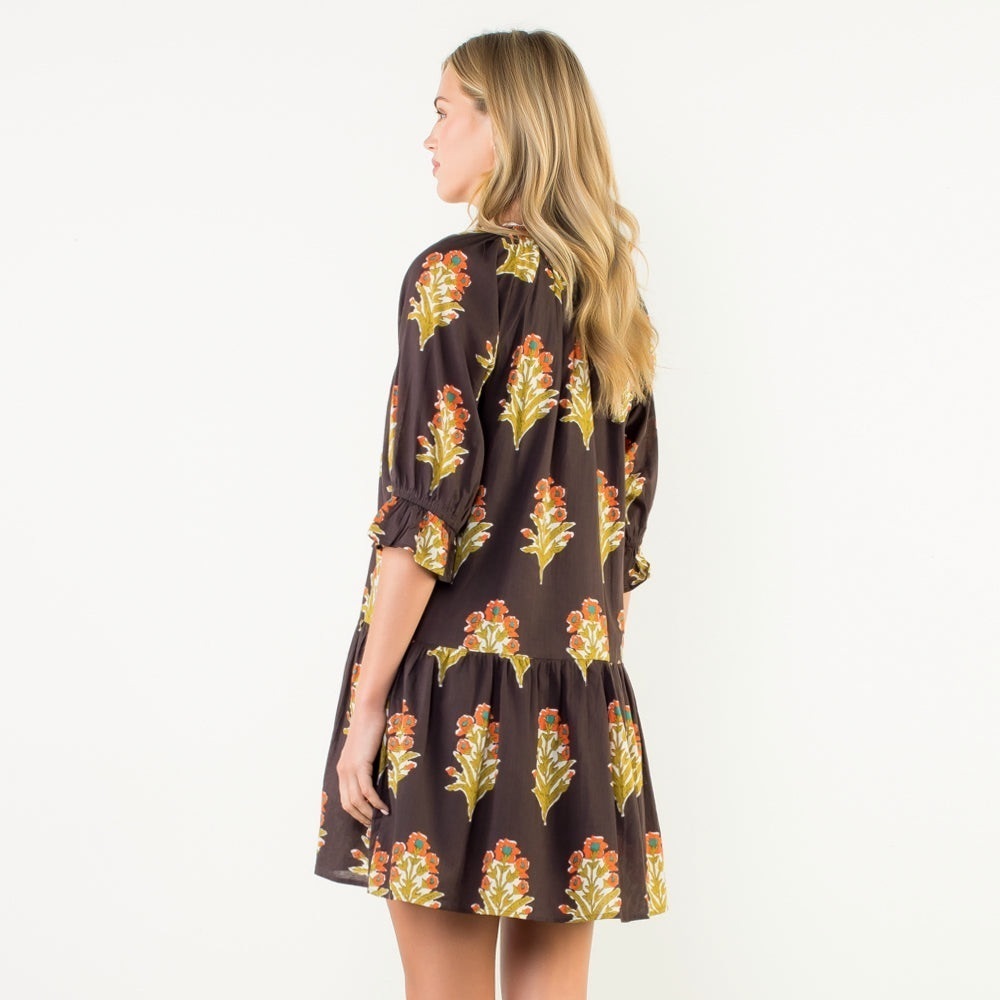 THML Evereve Dress Womens Small Indian Cotton Brown Block Print Shift Mini - Picture 8 of 8
